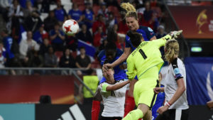France's midfielder Amandine Henry scores during the UEFA Women's Euro 2017 football